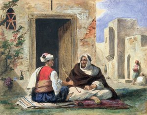 Arabimiehet tupakoivat talon edessä